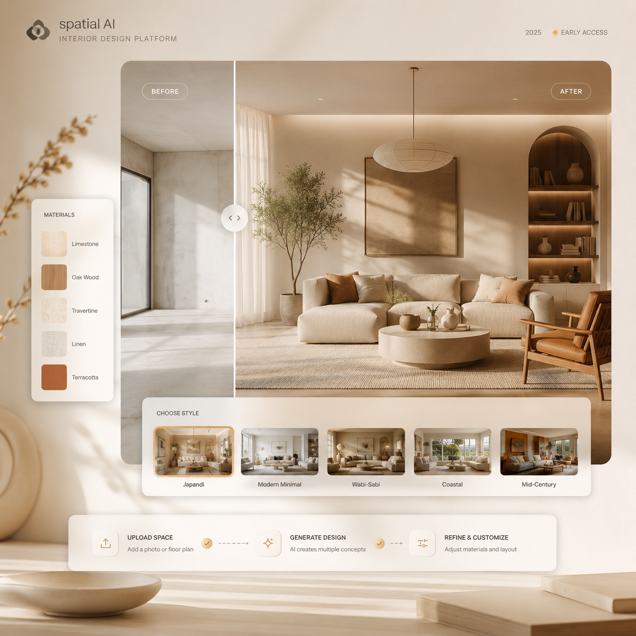 Interior design platform UI showing a before/after room render with a materials palette and a generate-design control bar.